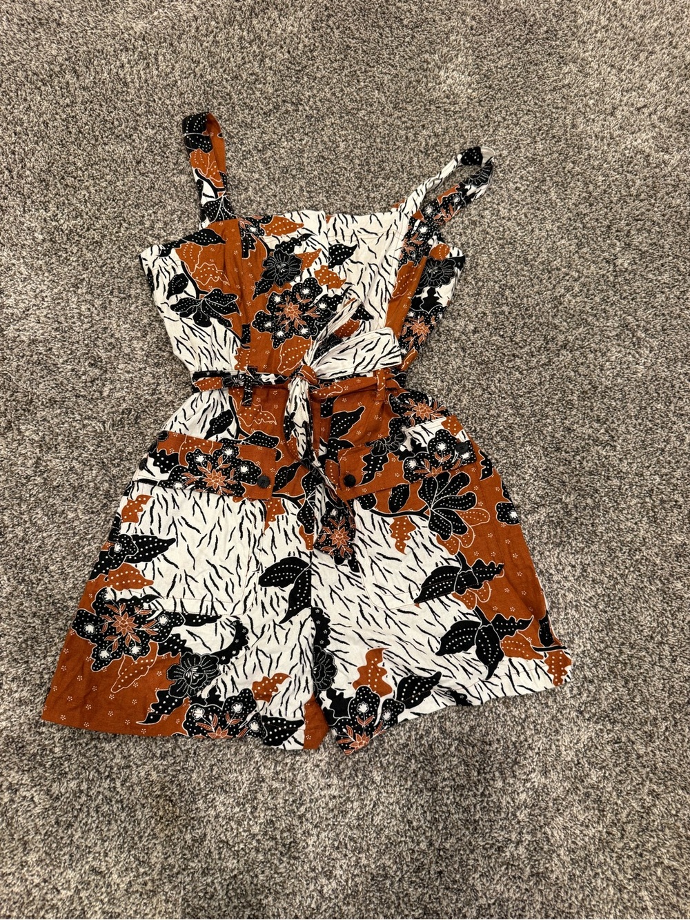 Rust Floral Tie-Front Romper with Black & White Print